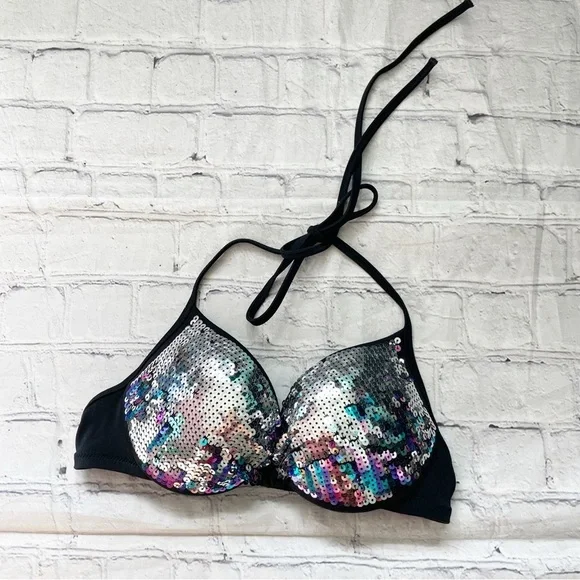Pink Victoria’s Secret Black & Silver/Purple/Blue Sequin Bikini Top - Picture 1 of 5